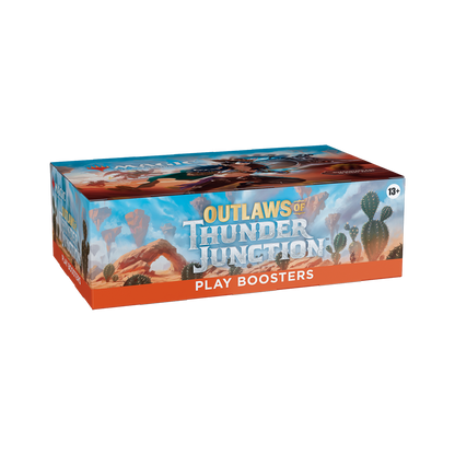 Box of 'Outlaws of Thunder Junction' play boosters with desert scene design.