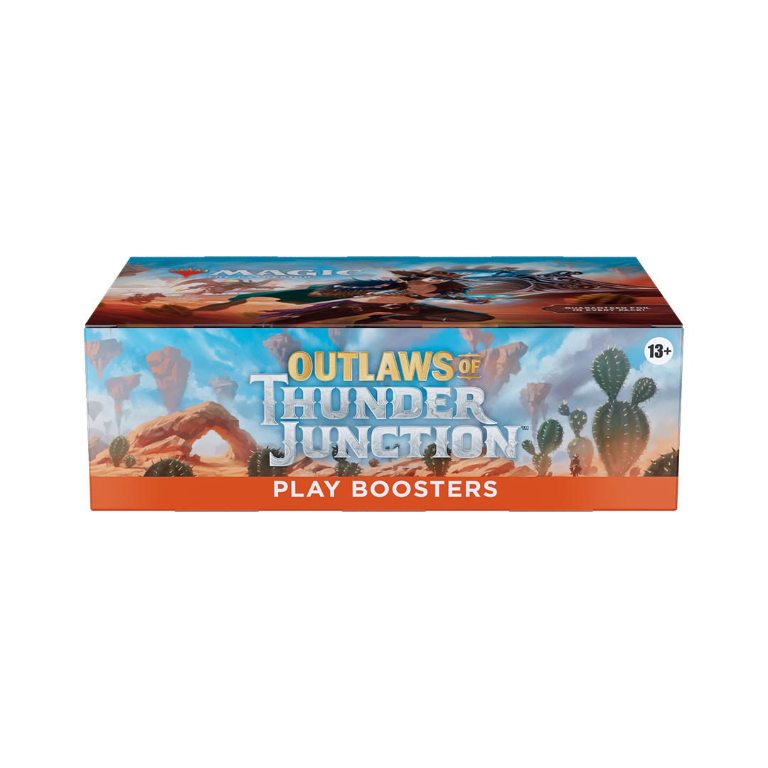 Outlaws of Thunder Junction play boosters packaging with desert scene and text.