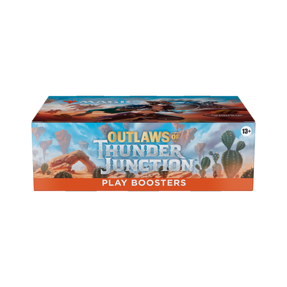 Outlaws of Thunder Junction play boosters packaging with desert scene and text.