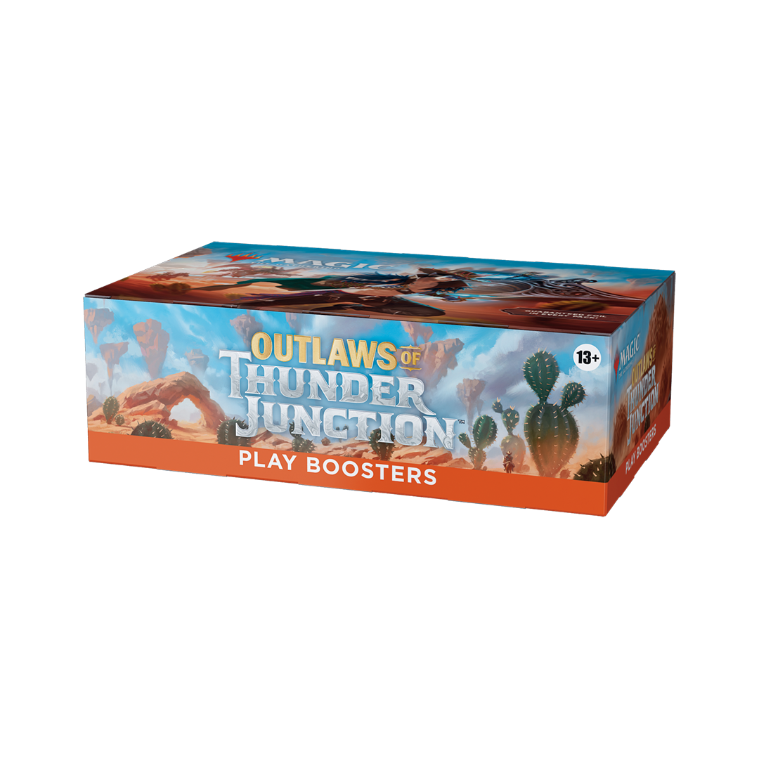 Box of 'Outlaws of Thunder Junction' play boosters with desert-themed design.