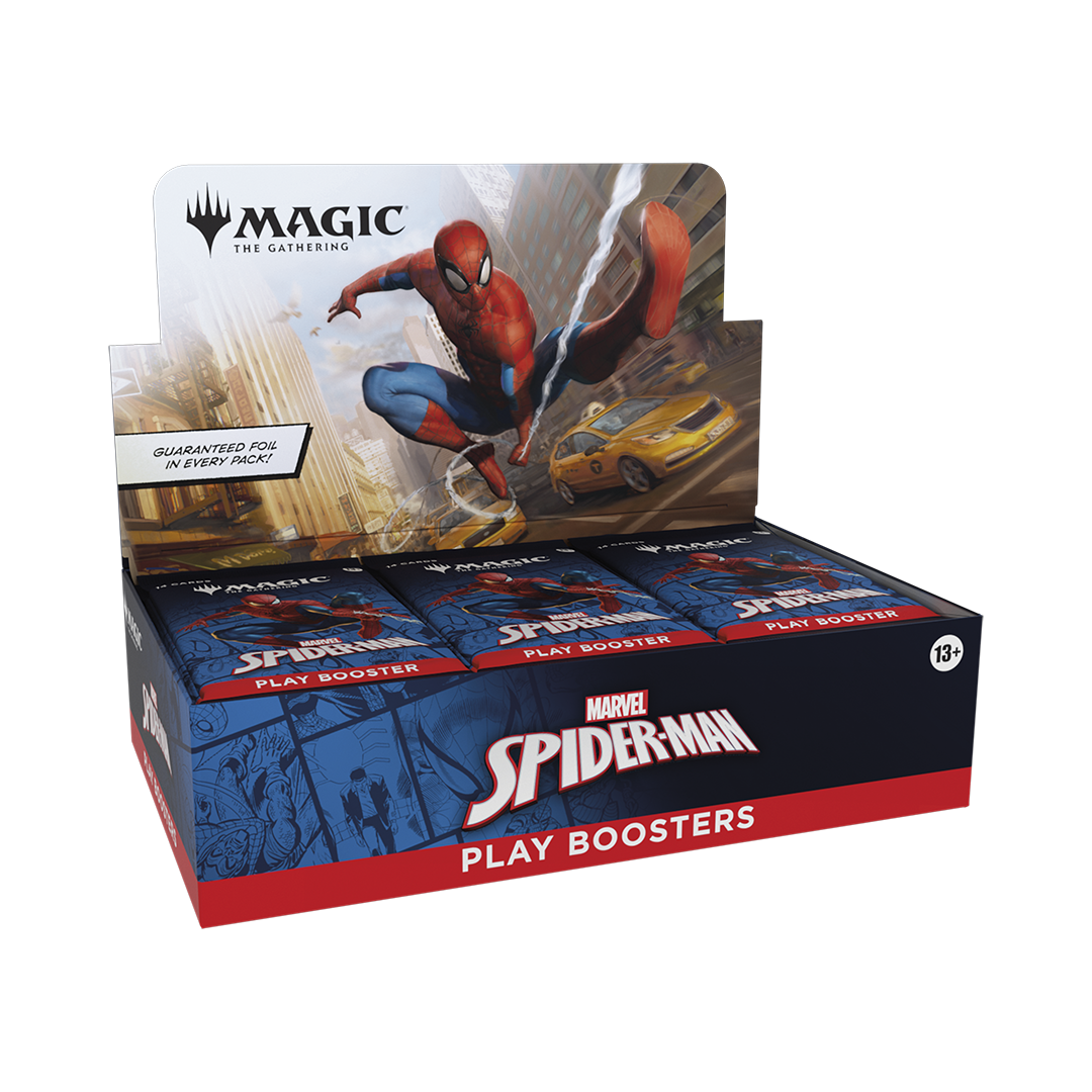 Box of Spider-Man play boosters with Marvel branding on a white background