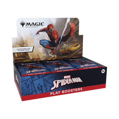 Box of Spider-Man play boosters with Marvel branding on a white background