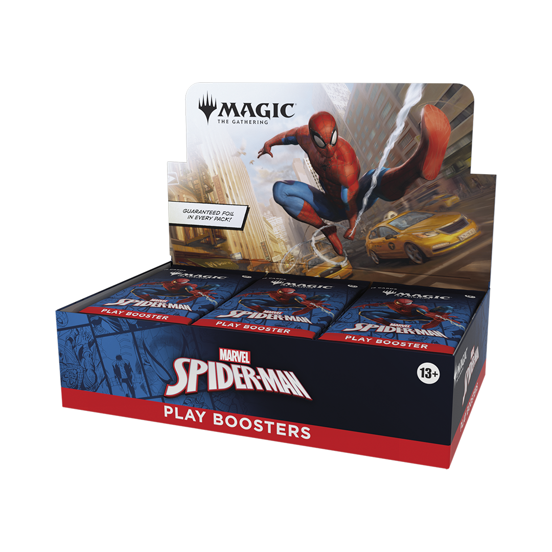Marvel Spider-Man play boosters packaging with Spider-Man graphic on a white background