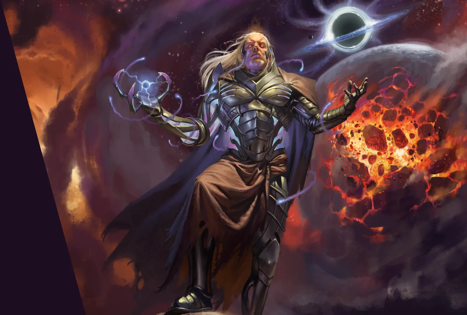 Mystical figure with glowing energy in a cosmic setting