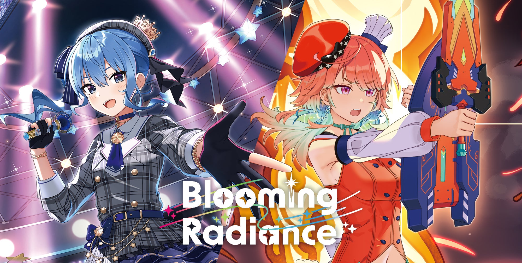 Two animated characters with colorful outfits and weapons, featuring the title 'Blooming Radiance'.