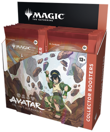 Collector booster display of 'Magic: The Gathering' card packs featuring 'Avatar: The Last Airbender' theme.